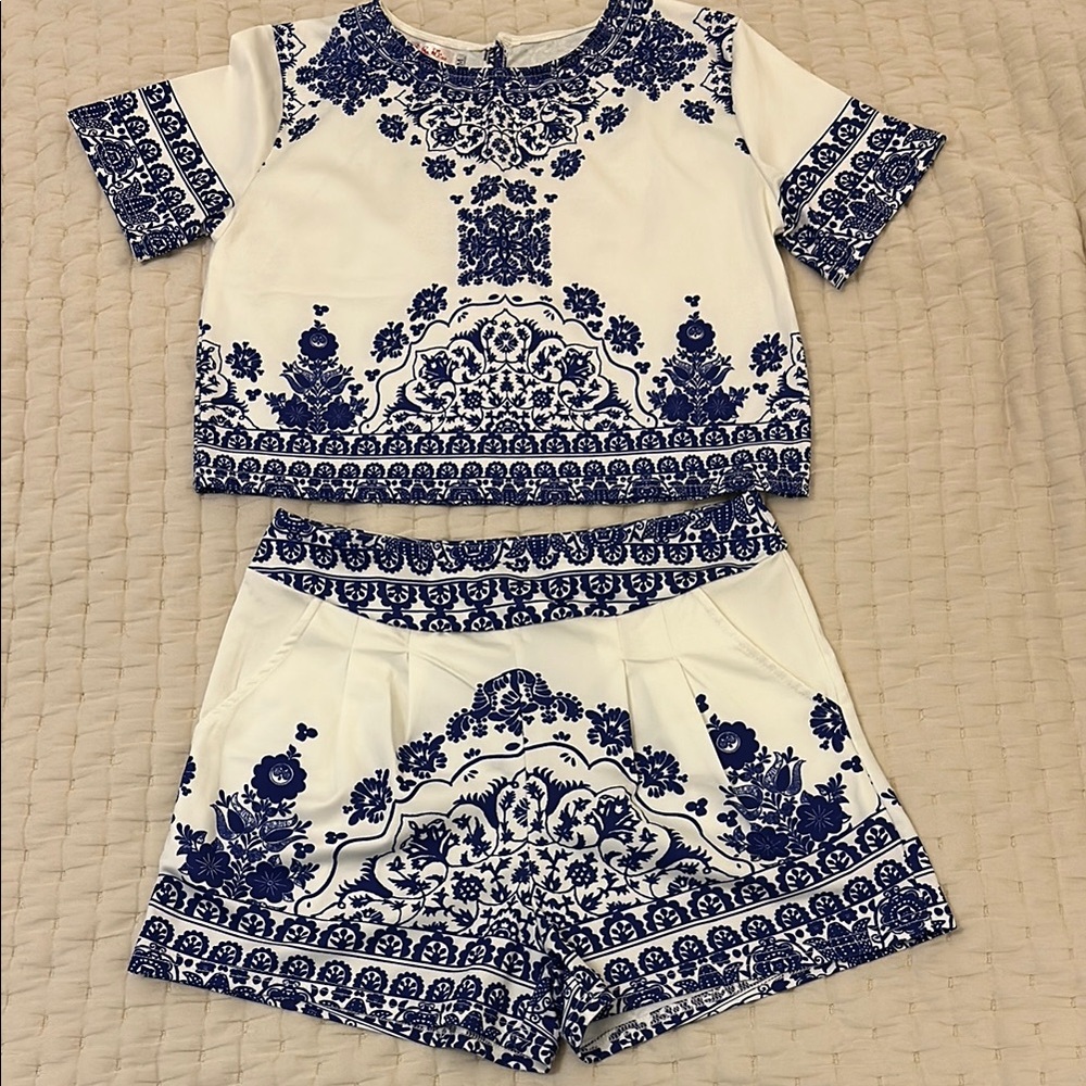 NWOT Blue and White Patterned Two-Piece Set